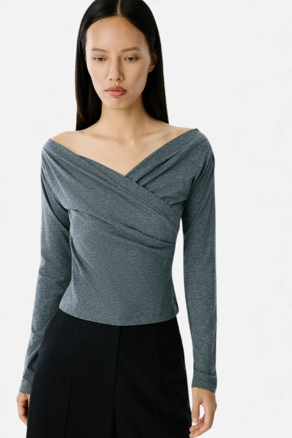 Luneaya | Women’s Anthracite Cotton Wrap Blouse