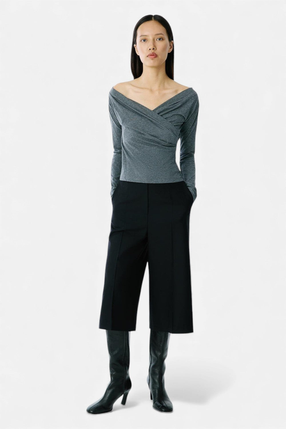 Luneaya | Women’s Anthracite Cotton Wrap Blouse