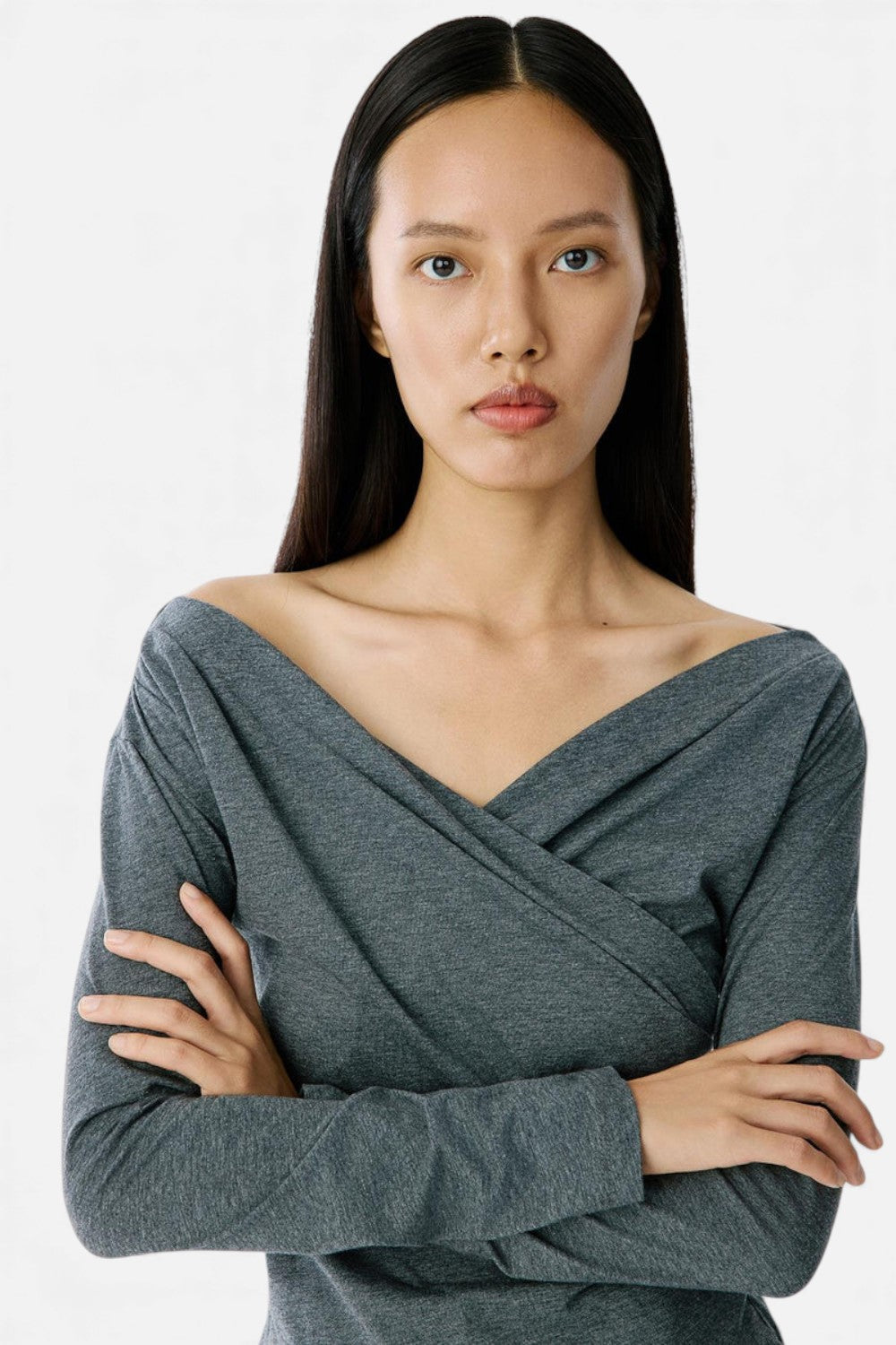 Luneaya | Women’s Anthracite Cotton Wrap Blouse