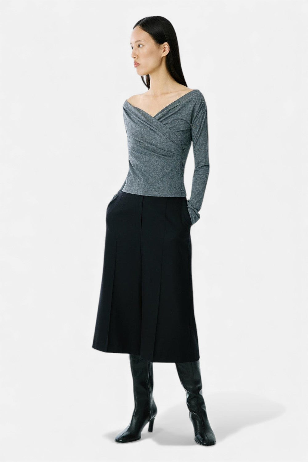 Luneaya | Women’s Anthracite Cotton Wrap Blouse