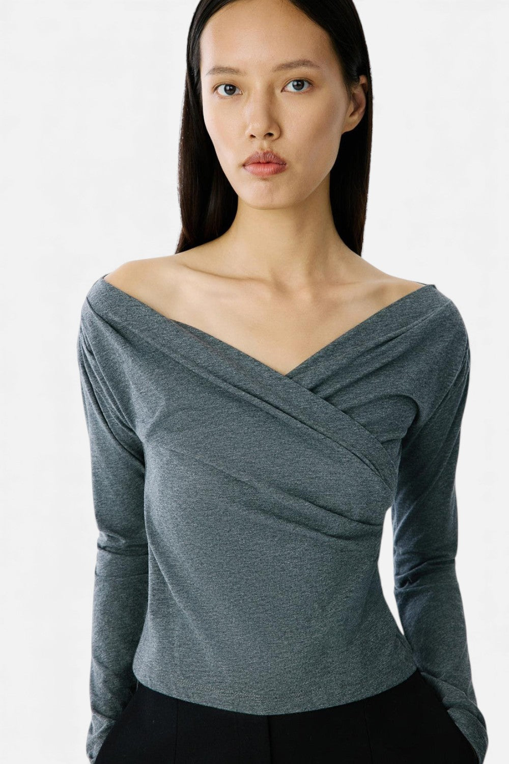 Luneaya | Women’s Anthracite Cotton Wrap Blouse
